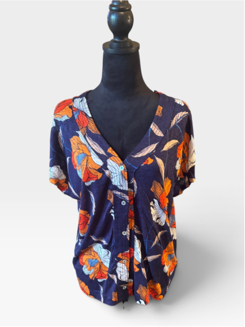 NWT Tahari 100% Linen Navy Multi-Colored Top - Size L